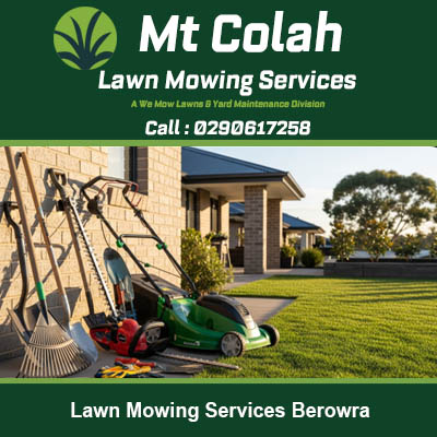 Professional mowing equipment on neatly striped lawn at residential property in Berowra Sydney
