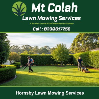 Lawn care team mowing expansive grassed area with trimmed hedges in Hornsby NSW
