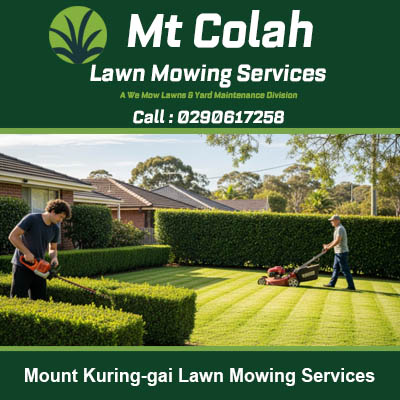 Expert lawn maintenance crew creating striped pattern along hedgeline in Mount Kuring-gai
