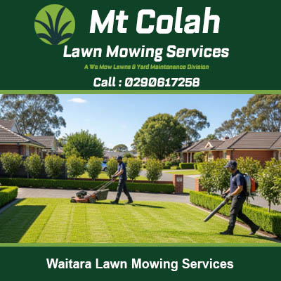 Professional gardeners mowing grass and clearing clippings at property in Waitara Sydney