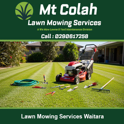 Lawn mowing equipment with edging tools and grass catcher on residential property in Waitara NSW